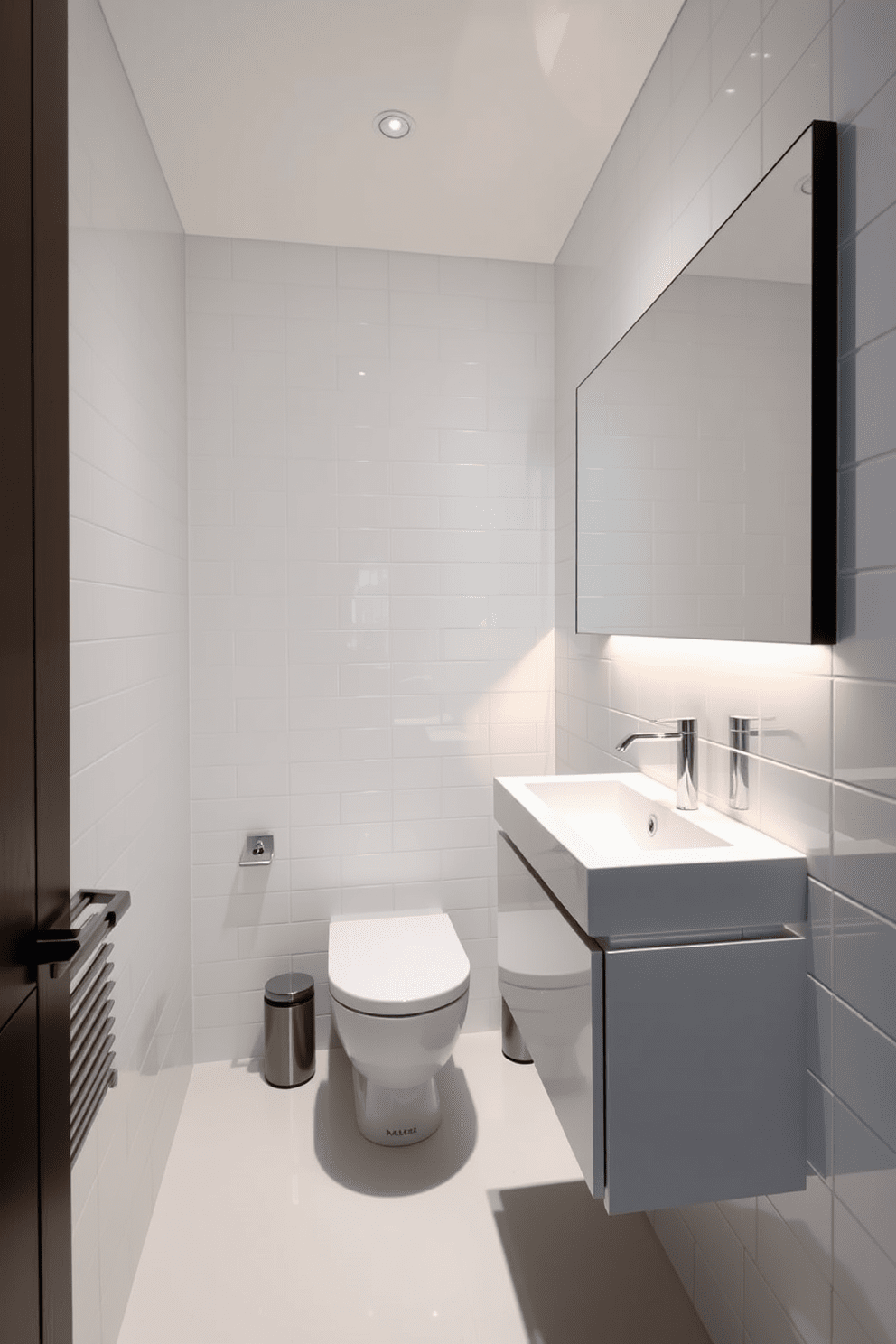 A narrow bathroom design featuring a compact toilet for efficiency. The walls are clad in sleek white tiles, creating an illusion of space, while a floating vanity with a minimalist design offers storage without overwhelming the area. A large mirror spans the length of the vanity, enhancing light and depth. Soft, ambient lighting is integrated into the design, creating a warm and inviting atmosphere.