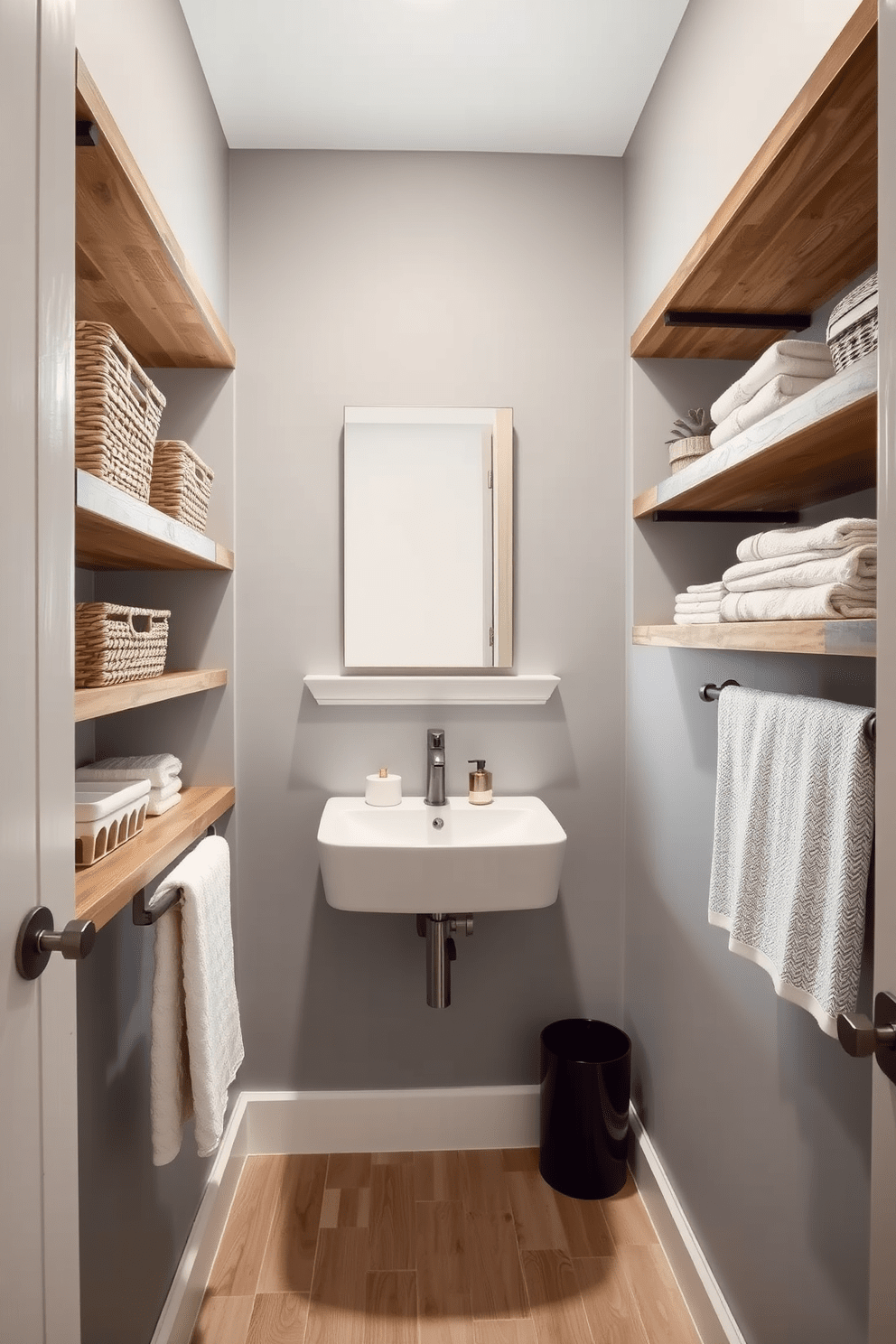 A narrow bathroom design featuring open shelving for easy access to toiletries and towels. The walls are painted in a soft gray, and the flooring consists of light wood planks for a warm touch. The open shelves are made of reclaimed wood, displaying neatly arranged baskets and decorative items. A sleek, wall-mounted sink with a minimalist design complements the overall aesthetic while maximizing floor space.