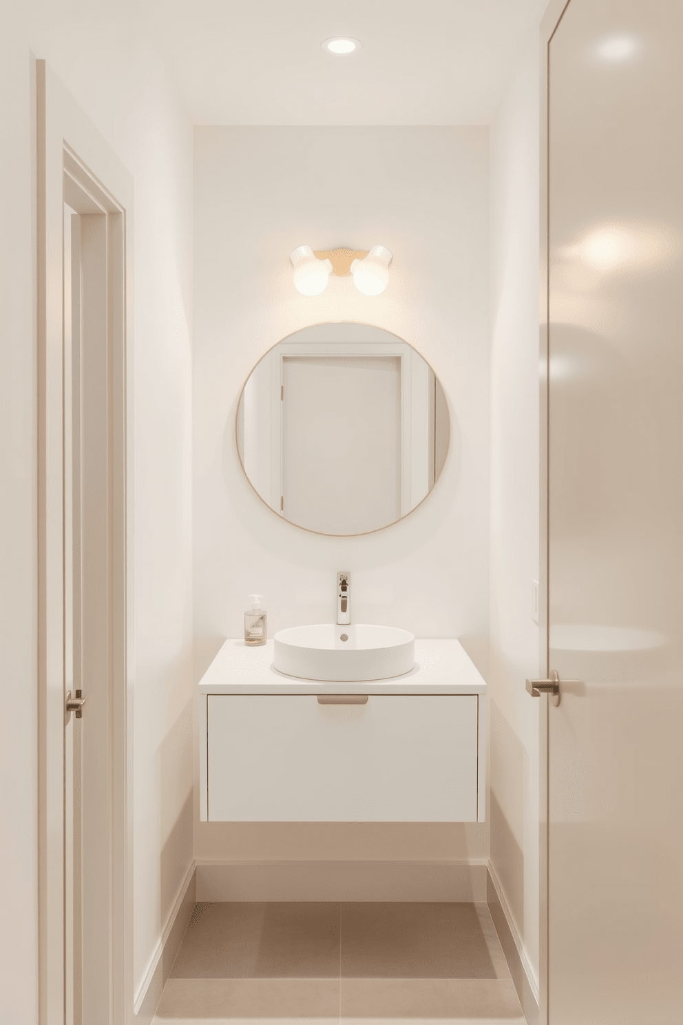 A narrow bathroom design featuring a round mirror that adds a touch of softness to the space. The walls are painted in a light pastel color, and the floor is adorned with sleek, modern tiles. Incorporate a floating vanity with clean lines and a minimalist sink to maximize space efficiency. Add warm lighting fixtures above the mirror to create an inviting ambiance.