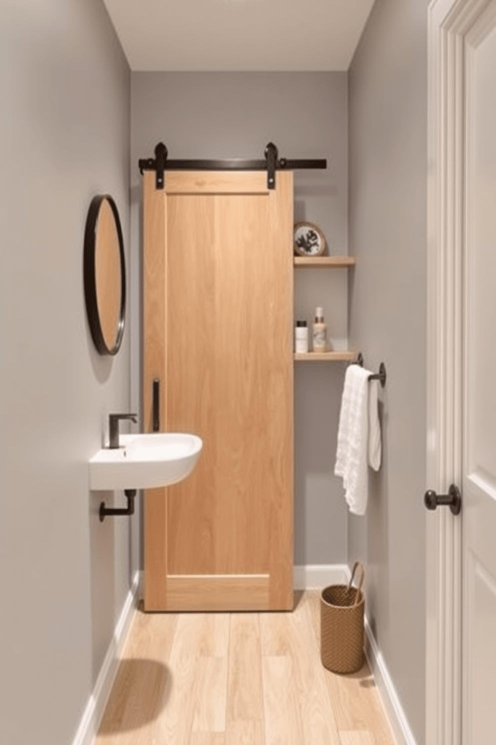 A narrow bathroom design featuring a sliding barn door as the focal point. The walls are painted in a soft gray hue, and the floor is adorned with light wood planks for a warm touch. On one side, a sleek pedestal sink is complemented by a round mirror with a black frame. Shelving above the sink holds neatly arranged toiletries and decorative items, enhancing the overall aesthetic.