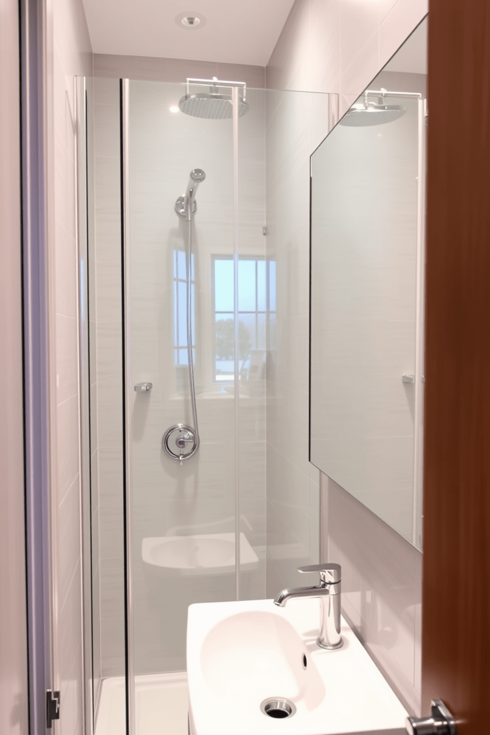 A narrow bathroom design featuring a sleek glass shower enclosure that maximizes space while providing a modern aesthetic. The walls are adorned with light gray tiles, and a compact vanity with a polished chrome faucet sits beneath a large mirror.