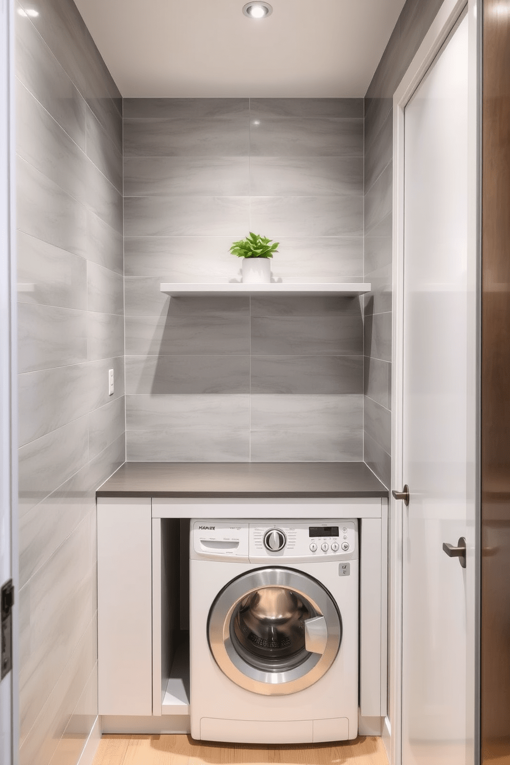 A narrow bathroom design featuring a compact laundry area seamlessly integrated into the space. The laundry area includes a stacked washer and dryer tucked into a built-in cabinet with a sleek countertop above for folding clothes. The walls are adorned with soft gray tiles that create a calming atmosphere, while the floor is finished with light wood to add warmth. A narrow floating shelf above the washer provides storage for laundry essentials, and a small potted plant adds a touch of greenery to the design.