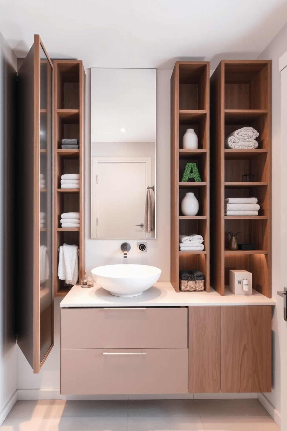 A narrow bathroom features sleek vertical storage solutions that maximize space. Tall cabinets with open shelving are positioned against the walls, showcasing neatly organized towels and decorative items. The color palette consists of soft neutrals, enhancing the sense of openness. A slim vanity with a vessel sink sits below a large mirror, reflecting light and creating an airy atmosphere.