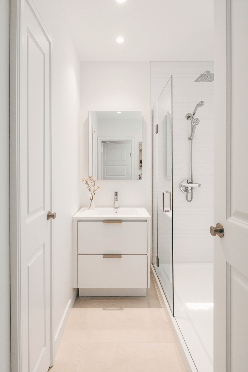 A narrow bathroom design featuring light colors to create a brighter and more spacious atmosphere. The walls are painted in a soft pastel shade, complemented by white cabinetry and a sleek light wood vanity. The floor is adorned with large light-colored tiles that enhance the sense of openness. A frameless glass shower enclosure allows natural light to flow through, while a minimalist mirror above the sink reflects the airy ambiance.