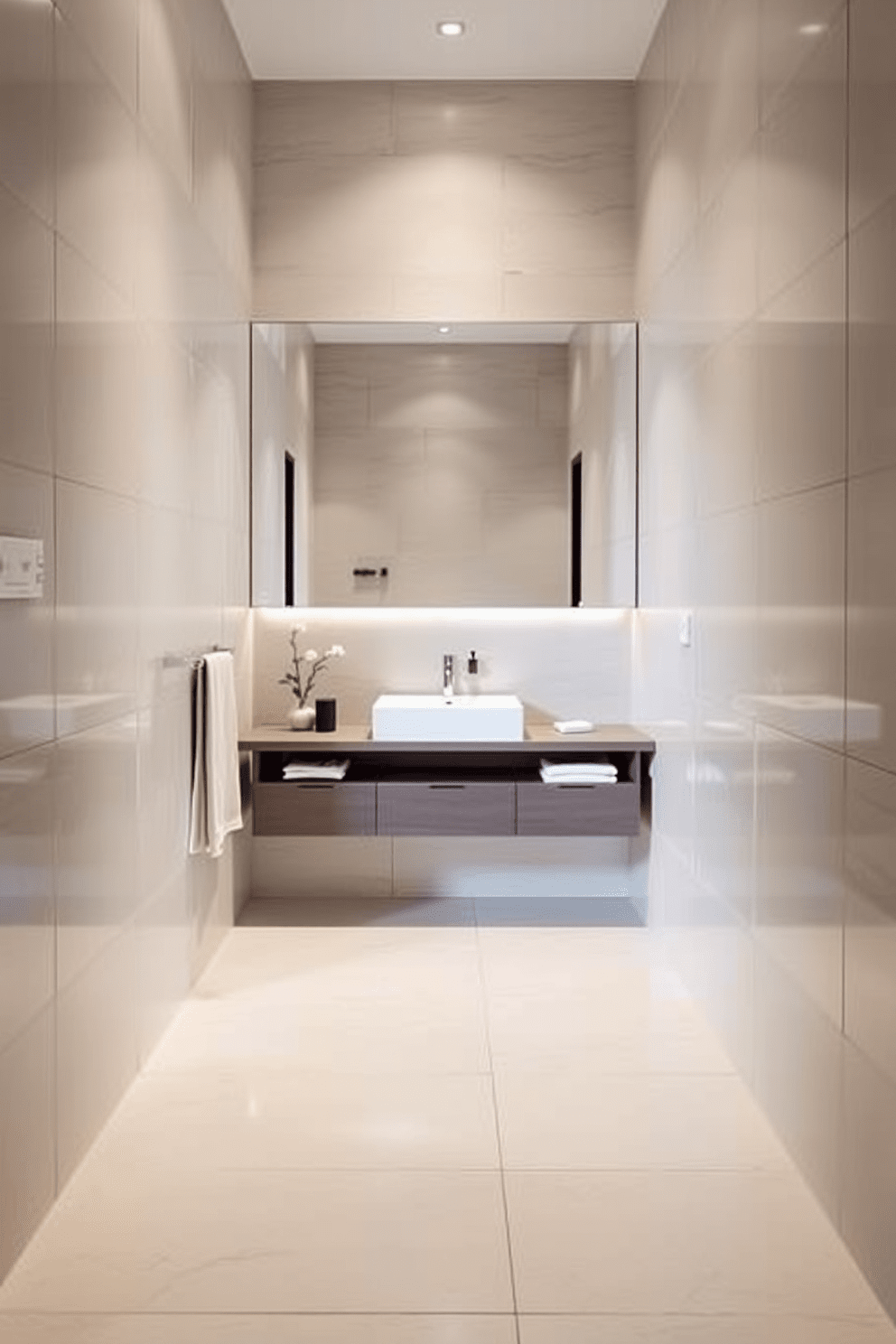 A narrow bathroom design featuring large format tiles that enhance the sense of space and depth. The walls are adorned with sleek, large tiles in a soft neutral tone, complemented by a minimalist floating vanity with a modern sink. Incorporate a large frameless mirror that reflects light and creates an illusion of a wider area. The floor is finished with matching large tiles, seamlessly extending the visual length of the room.