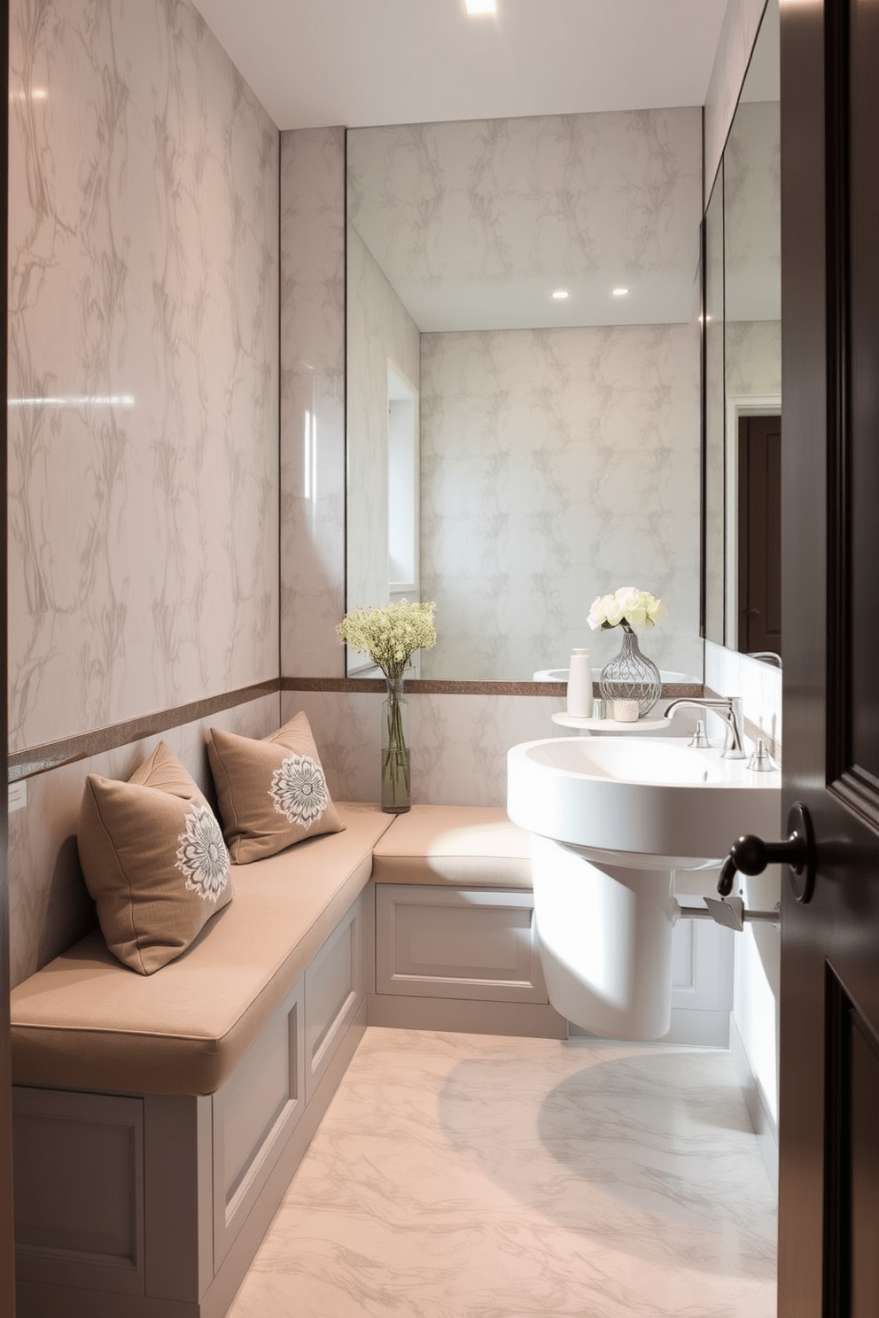 A narrow bathroom features built-in bench seating along one wall, providing a cozy and functional space. The bench is upholstered in a soft, neutral fabric, complemented by decorative cushions for added comfort. The walls are adorned with elegant tiles in a subtle pattern, enhancing the sense of style. A large mirror above the sink reflects the natural light, making the space feel more expansive and inviting.