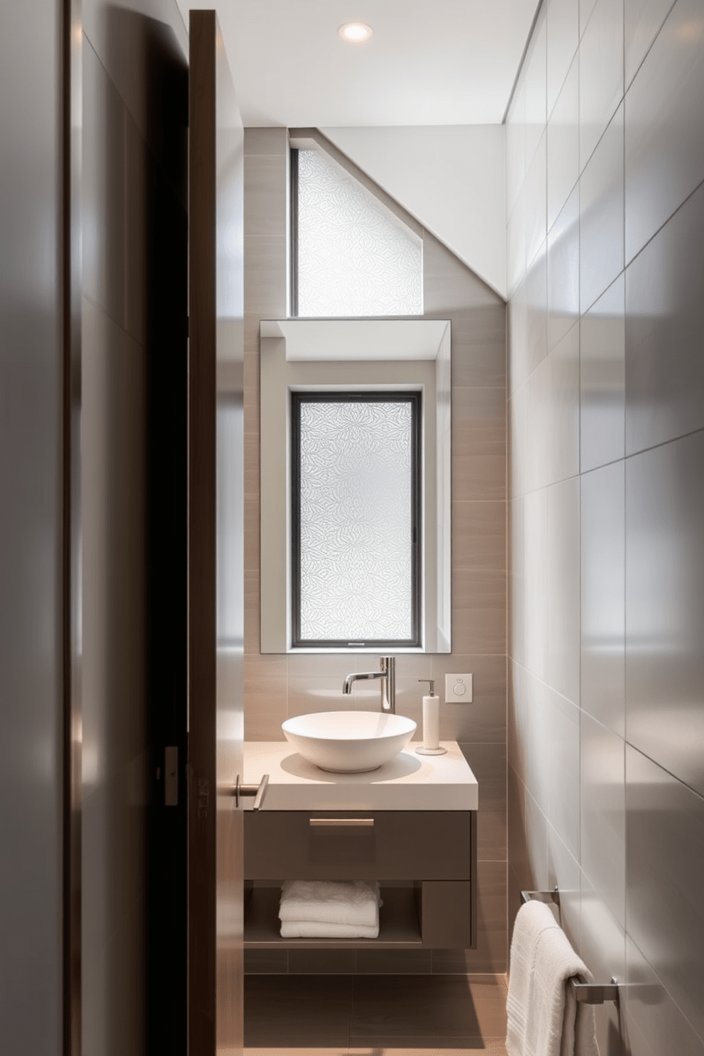 A narrow bathroom featuring a pocket door for entry creates an elegant and space-efficient atmosphere. The walls are adorned with soft gray tiles, and a sleek floating vanity with a vessel sink complements the modern aesthetic. Natural light floods the space through a frosted glass window, enhancing the airy feel. A large mirror above the vanity reflects the stylish fixtures and adds depth to the narrow design.