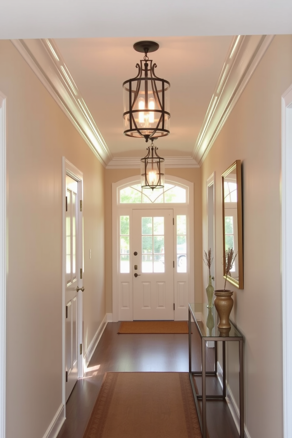 A welcoming entryway filled with natural light. Elegant light fixtures hang from the ceiling, illuminating the narrow space with a warm glow. The walls are painted in a soft neutral tone to enhance brightness. A slim console table with decorative accents sits against one side, providing functionality without crowding the area.