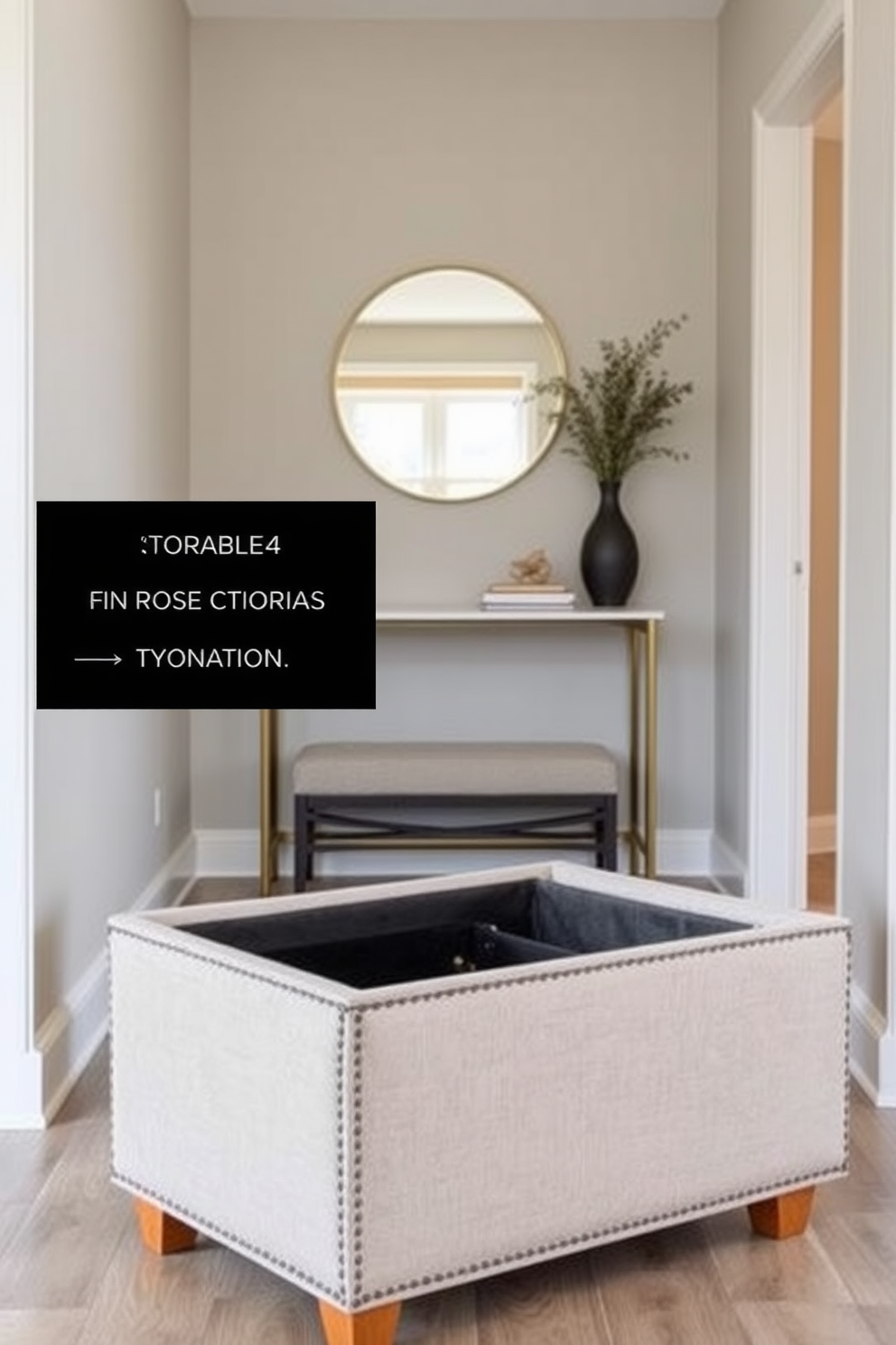 A stylish multi-functional ottoman that serves as extra seating and storage. It features a soft fabric upholstery in a neutral tone with decorative stitching and wooden legs. A narrow entryway designed with a sleek console table against the wall. The space includes a round mirror above the table and a small bench for convenient seating.