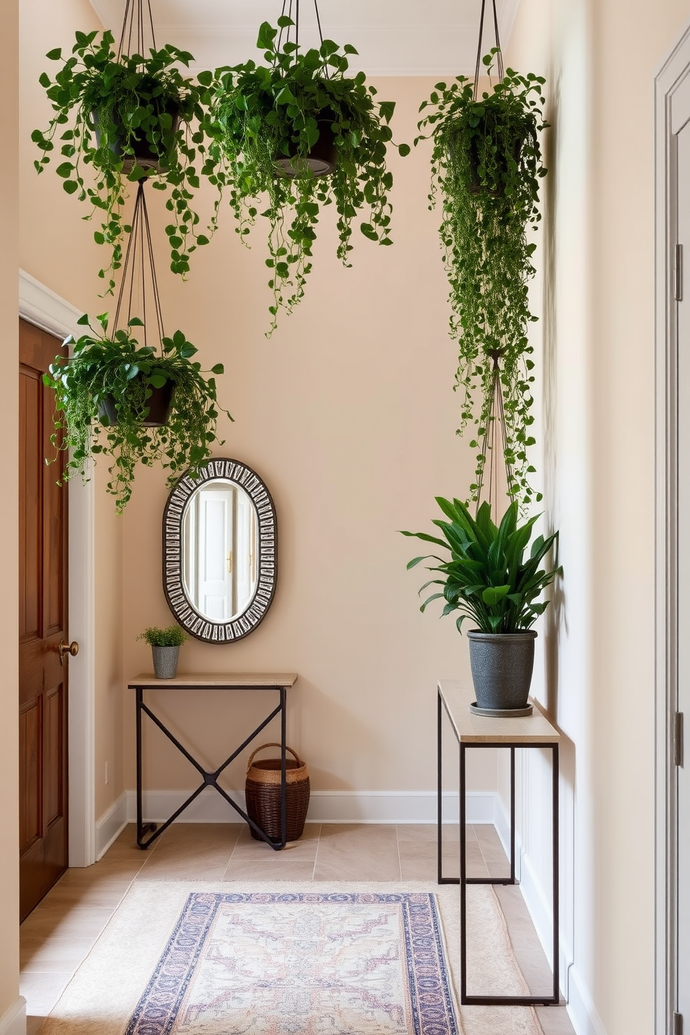 Hanging plants are suspended from the ceiling in a narrow entryway, creating a lush and inviting atmosphere. The walls are painted in a soft beige, while a slim console table with a decorative mirror reflects the greenery. The entryway features a stylish runner rug that adds warmth and texture to the space. On the console table, a small potted plant and a decorative bowl provide a welcoming touch.