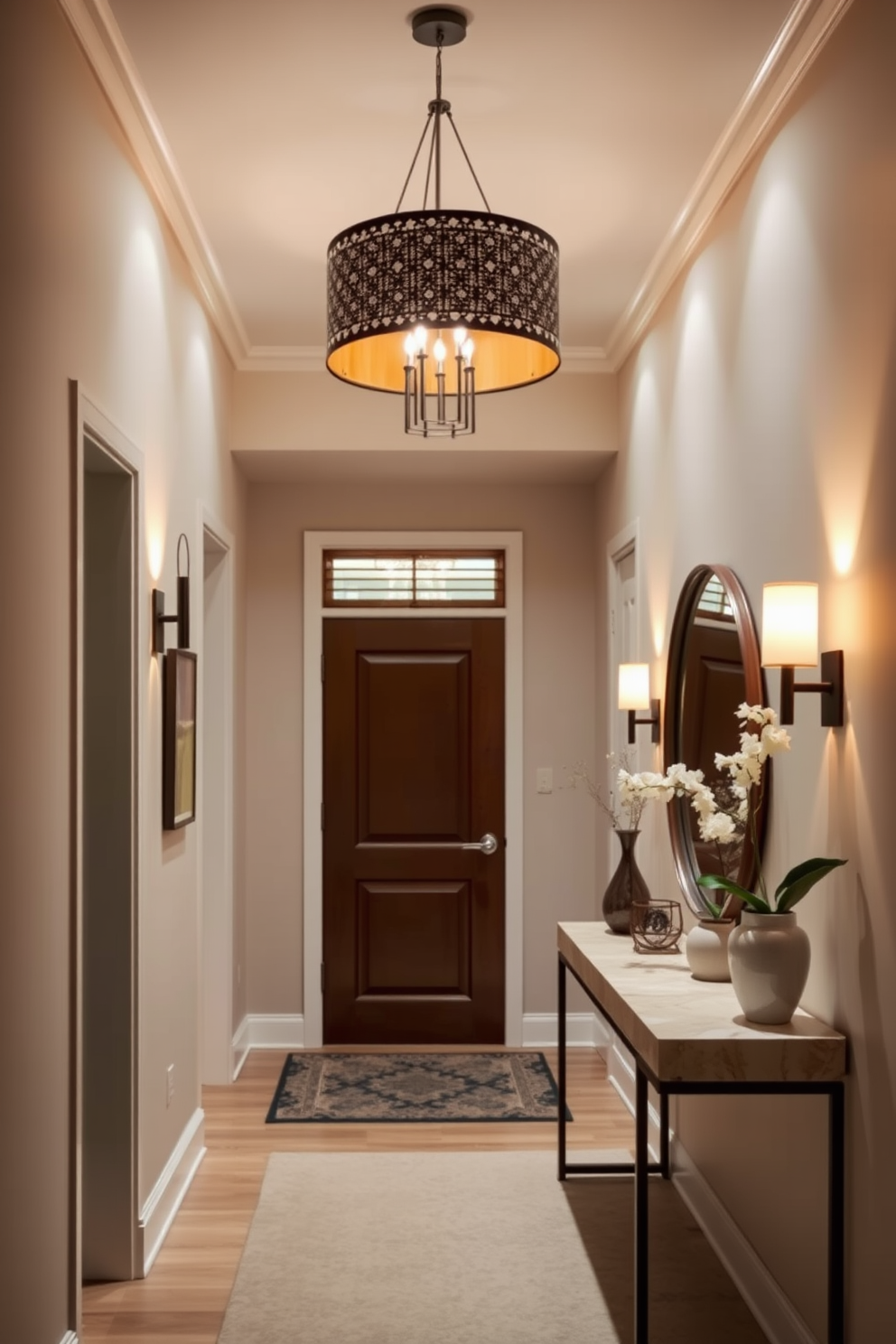 Layered lighting creates a warm and inviting atmosphere in the entryway. Use a combination of recessed lighting, wall sconces, and a statement pendant to enhance the space's functionality. For a narrow entryway, consider using a slim console table against one wall. Add a large mirror above the table to create the illusion of more space and reflect light throughout the area.