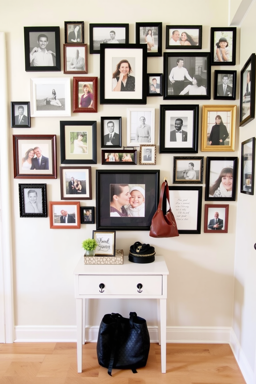 A gallery wall filled with personal photos creates a warm and inviting atmosphere in your home. The arrangement features various frames in different sizes and styles, showcasing cherished memories and adding a personal touch to the space. For a narrow entryway, consider using vertical storage solutions to maximize space. A slim console table with hooks above for keys and bags can keep the area organized while adding style and functionality.