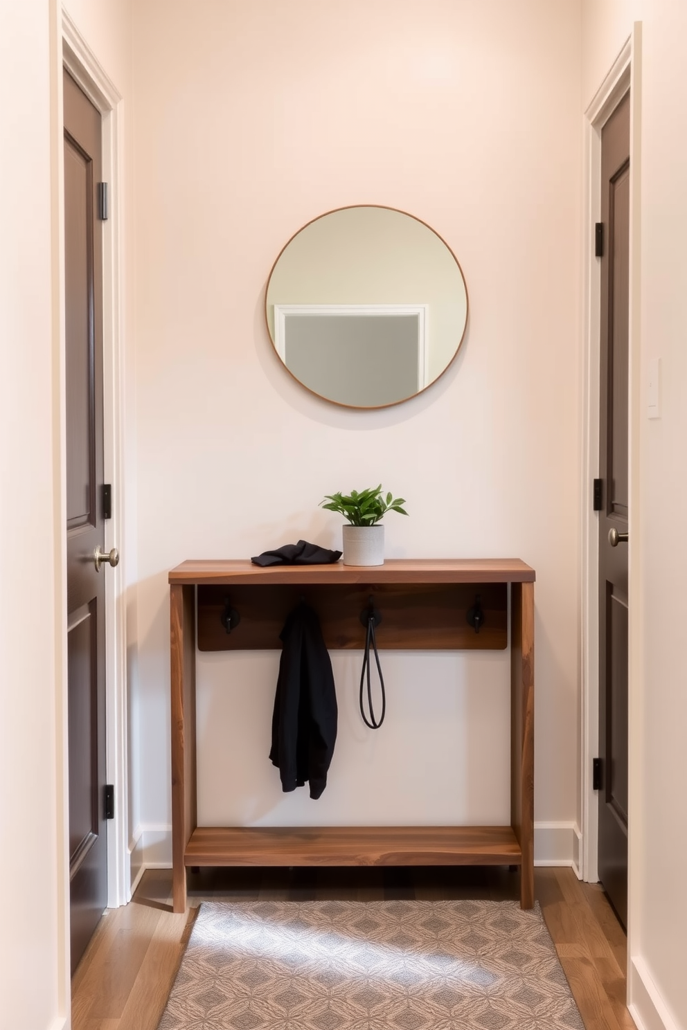 A narrow entryway features a sleek console table made of reclaimed wood against the wall. Above the table, a round mirror reflects light and creates a sense of space, while a small potted plant adds a touch of greenery. The walls are painted in a soft beige to enhance brightness, complemented by a runner rug with subtle geometric patterns. Hooks for coats are neatly arranged beside the door, ensuring functionality without sacrificing style.