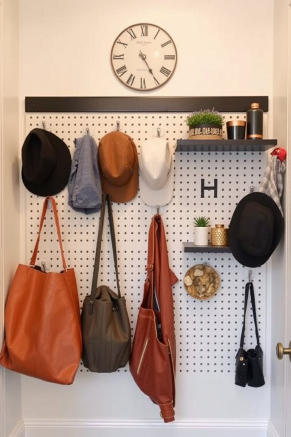 A narrow entryway features a stylish pegboard mounted on the wall for versatile storage solutions. Hooks and shelves on the pegboard hold bags, hats, and decorative items, creating an organized yet inviting space.