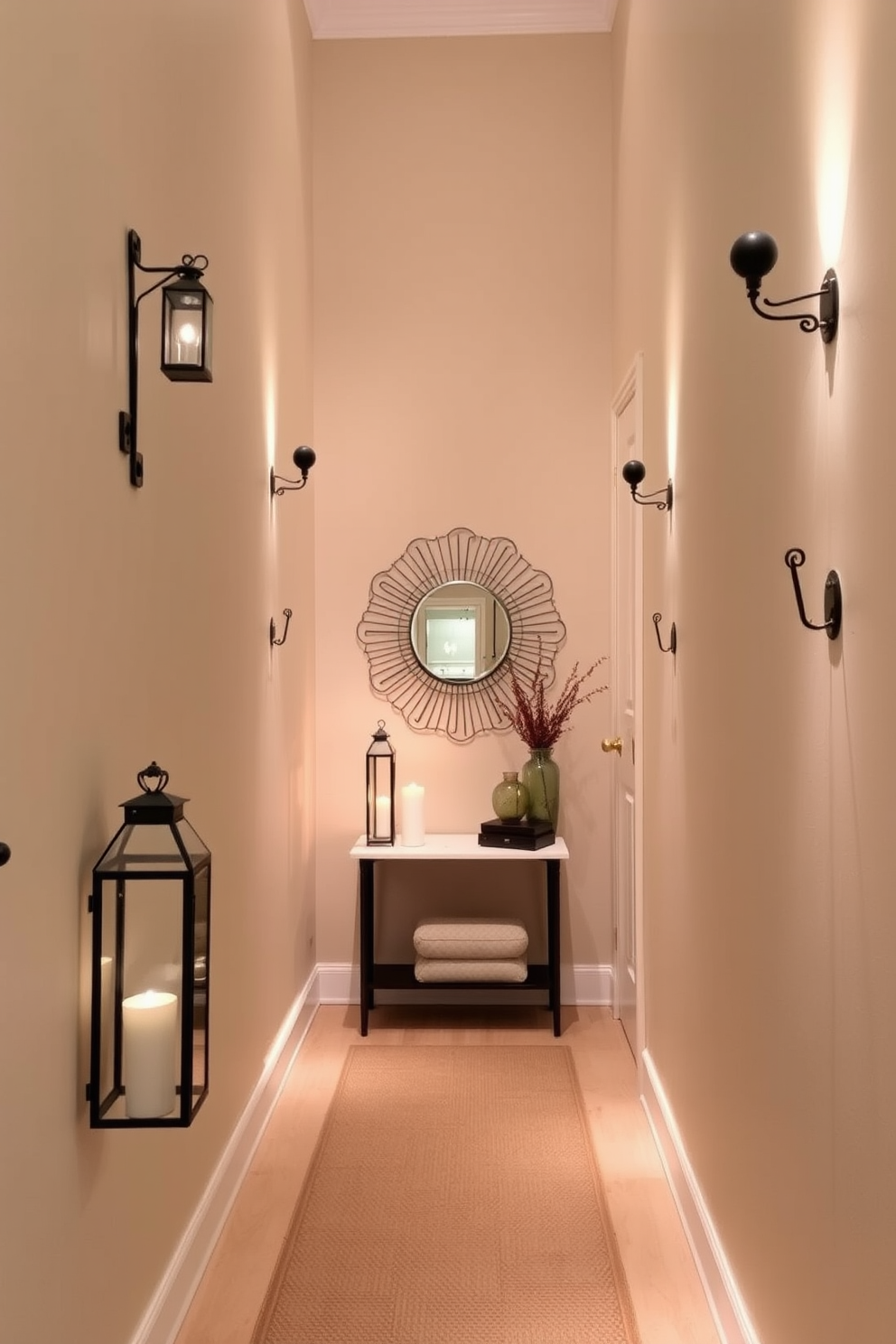 Decorative lanterns are strategically placed along the walls of a narrow entryway, casting a warm and inviting glow. The floor is adorned with a textured runner that complements the soft lighting, creating an atmosphere of comfort and elegance. The walls feature a muted color palette, enhancing the sense of space while decorative hooks provide functional storage for coats and bags. A small console table with a decorative mirror above it adds a touch of sophistication, making the entryway both stylish and practical.