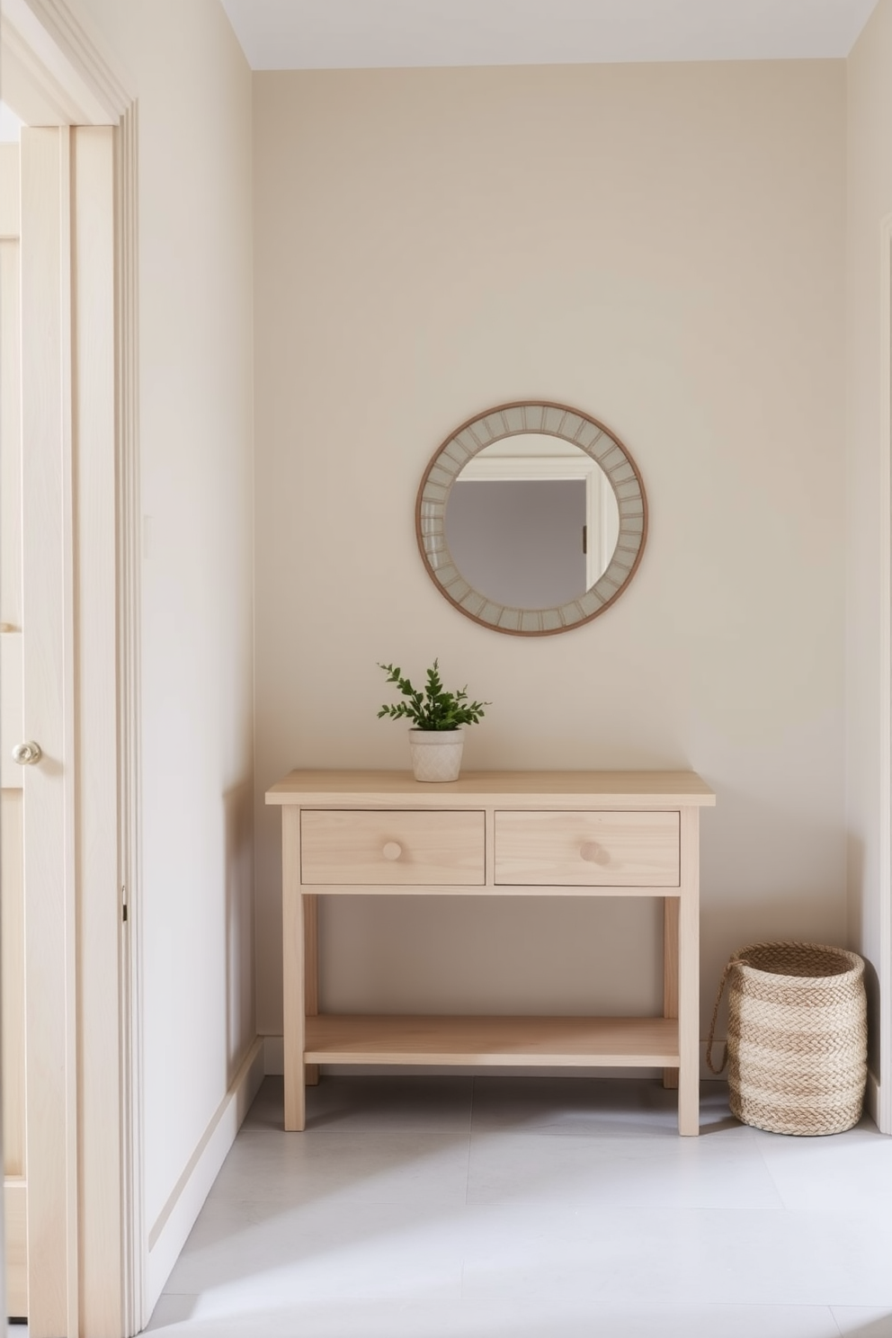 A narrow entryway featuring a neutral color palette that promotes a calming atmosphere. Soft beige walls complement a light wood console table adorned with a small potted plant and a decorative mirror above it. The floor is finished with pale gray tiles, creating a seamless look. A woven basket sits in the corner for storage, enhancing the functional yet serene design.