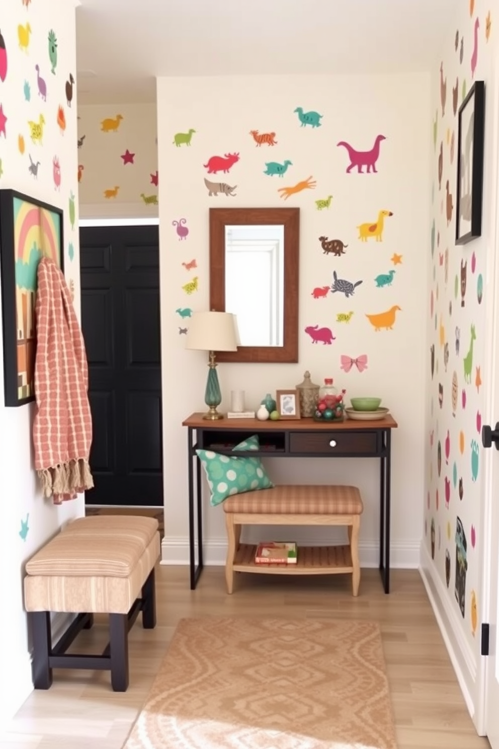 A vibrant entryway adorned with playful wall decals featuring whimsical patterns and colors. The space is enhanced by a narrow console table with decorative items and a mirror that creates an illusion of depth. Brightly colored decals of animals and geometric shapes bring energy to the walls while a small bench provides a functional seating area. The floor is layered with a cozy runner that complements the overall cheerful aesthetic.