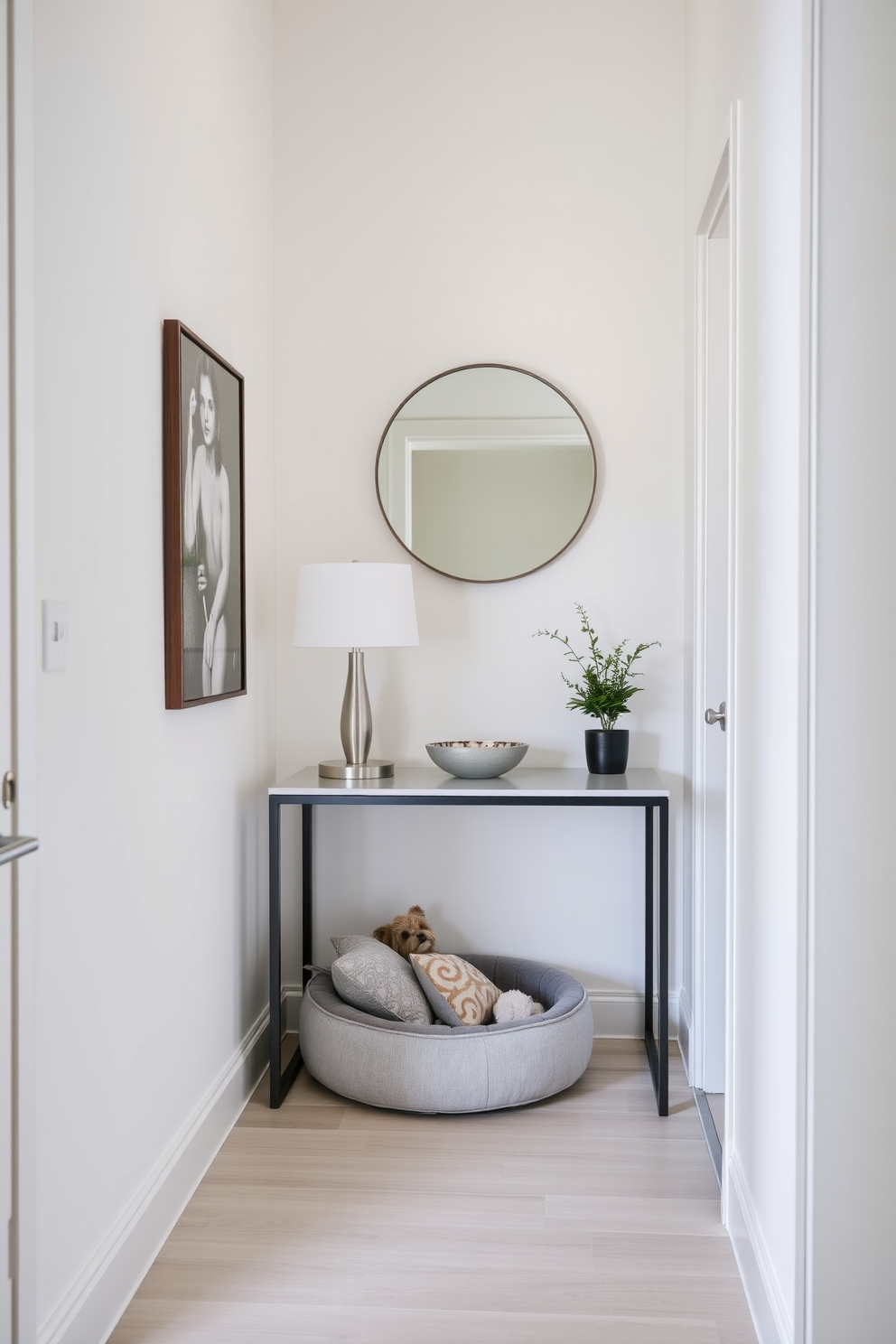 A narrow entryway featuring a sleek console table against one wall, topped with a stylish lamp and a decorative bowl for keys. A small pet bed is placed in the corner, adorned with soft cushions, creating a welcoming space for furry friends. The walls are painted in a light neutral color, enhancing the sense of openness, while a round mirror hangs above the console table, reflecting light and adding depth. A small potted plant sits beside the pet bed, bringing a touch of greenery to the design.