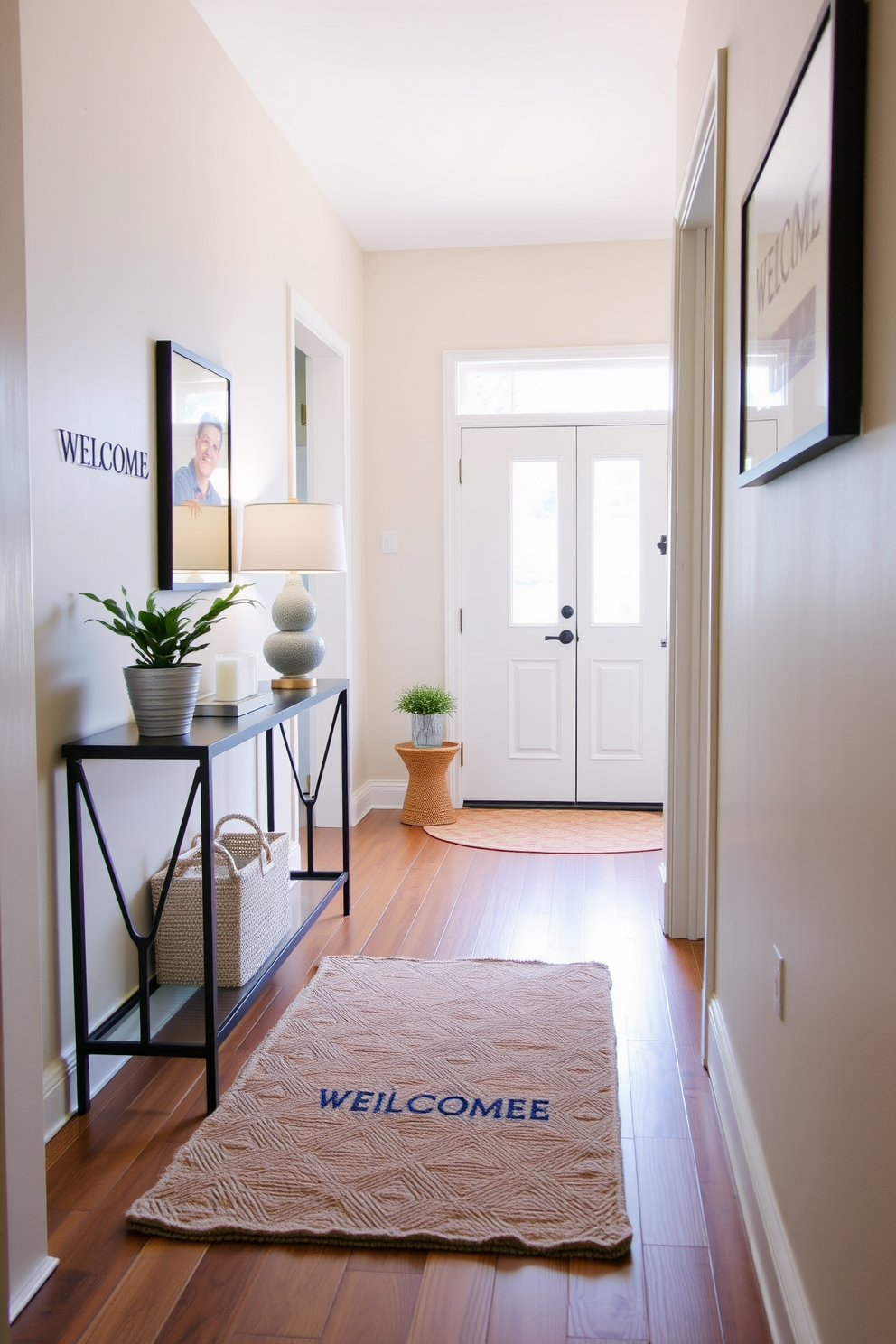 A narrow entryway designed for warmth and functionality. The space features a soft welcome mat in a neutral tone, inviting guests as they enter. On one side, a slim console table holds a decorative lamp and a small potted plant. The walls are adorned with framed artwork that adds personality while maintaining an open feel.