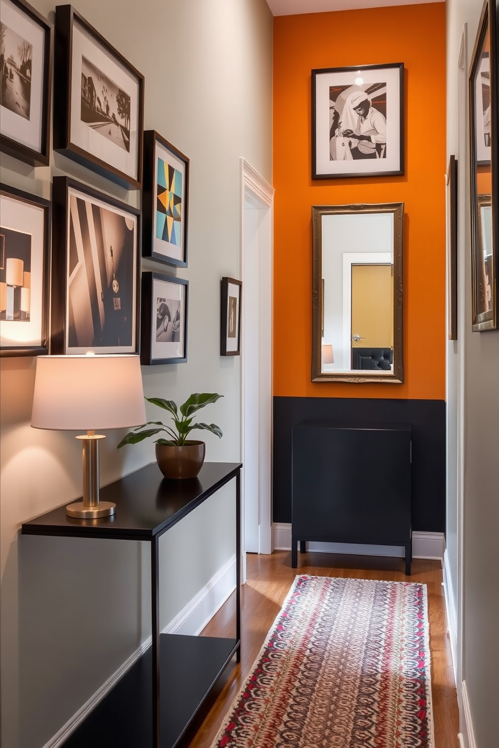 Framed artwork adorns the walls of a narrow entryway, creating a gallery-like atmosphere that invites guests in. A sleek console table sits against one wall, topped with a stylish lamp and a small potted plant to add warmth. The entryway features a bold accent color on the walls, enhancing the sense of depth in the narrow space. A strategically placed mirror reflects light and creates the illusion of a larger area, while a patterned runner adds texture and interest underfoot.