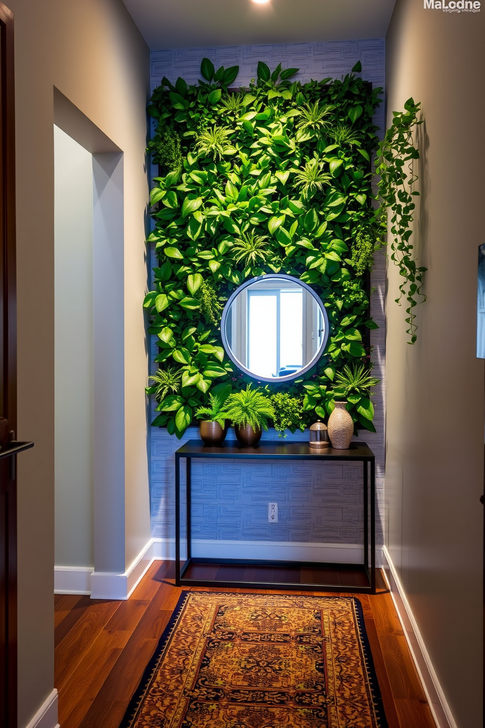 A vertical garden filled with lush greenery creates a refreshing focal point in any space. The plants are arranged in an artistic pattern against a textured wall, enhancing the natural ambiance. The narrow entryway features a sleek console table with decorative items and a stylish mirror above it. Soft lighting illuminates the space, while a runner rug adds warmth and invites guests inside.