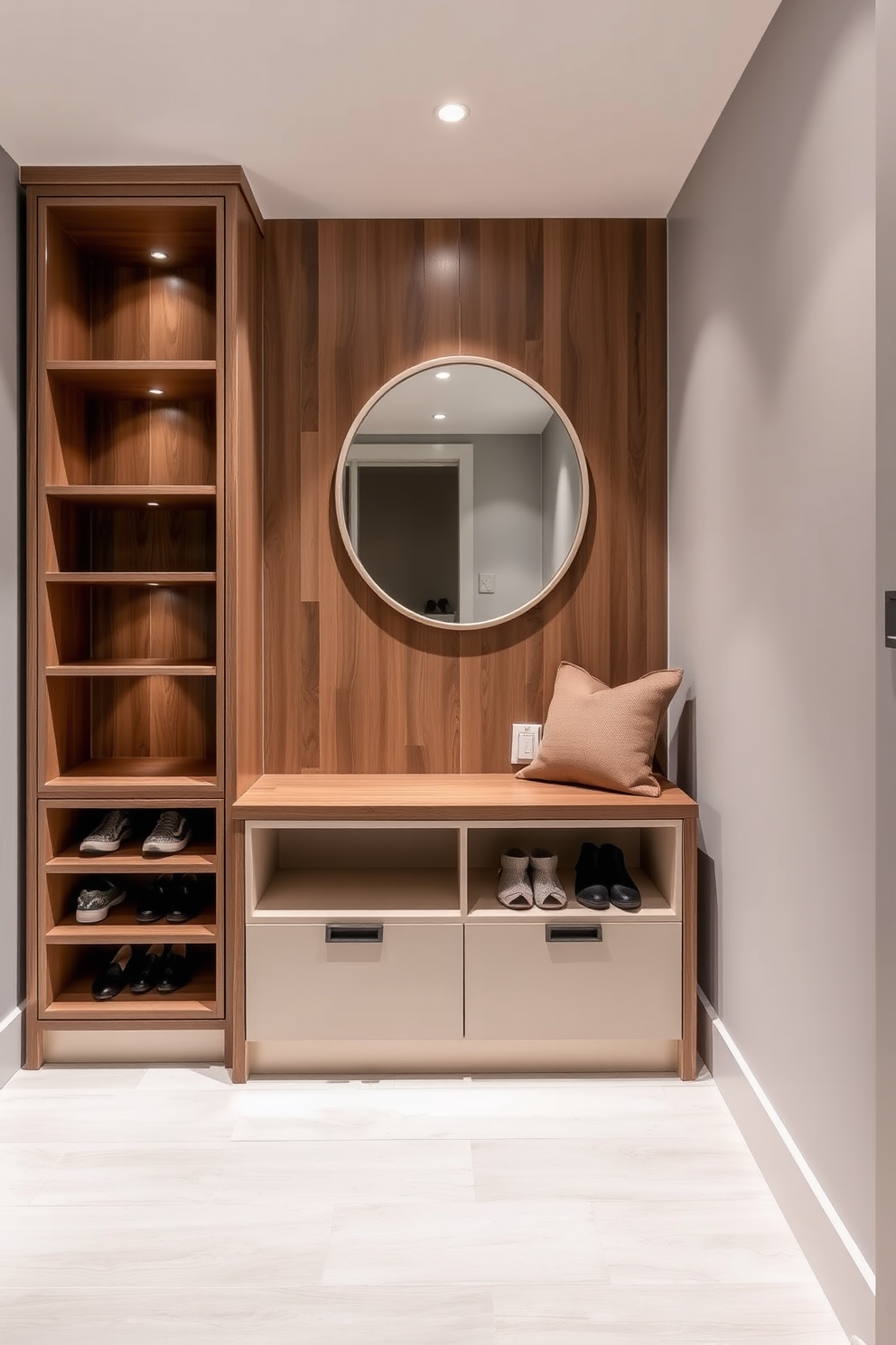 A stylish shoe storage cabinet is integrated under a sleek wooden bench, providing both functionality and elegance. The cabinet features a combination of open shelving and closed compartments, allowing for organized storage while maintaining a clean aesthetic. The narrow entryway is adorned with soft lighting and a neutral color palette, creating an inviting atmosphere. A statement mirror hangs above the bench, reflecting the space and enhancing its depth.