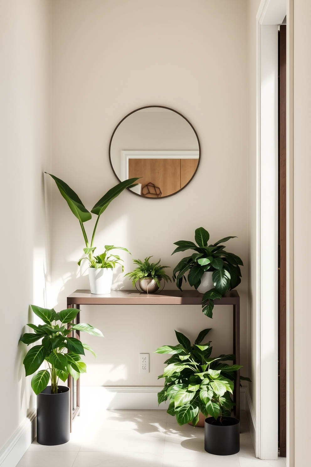 A narrow foyer with a sleek console table against the wall. Lush green plants are placed on the table and in the corners to create a fresh and inviting atmosphere. The walls are painted in a soft, neutral tone to enhance the sense of space. A stylish mirror hangs above the console table, reflecting the greenery and adding depth to the design.