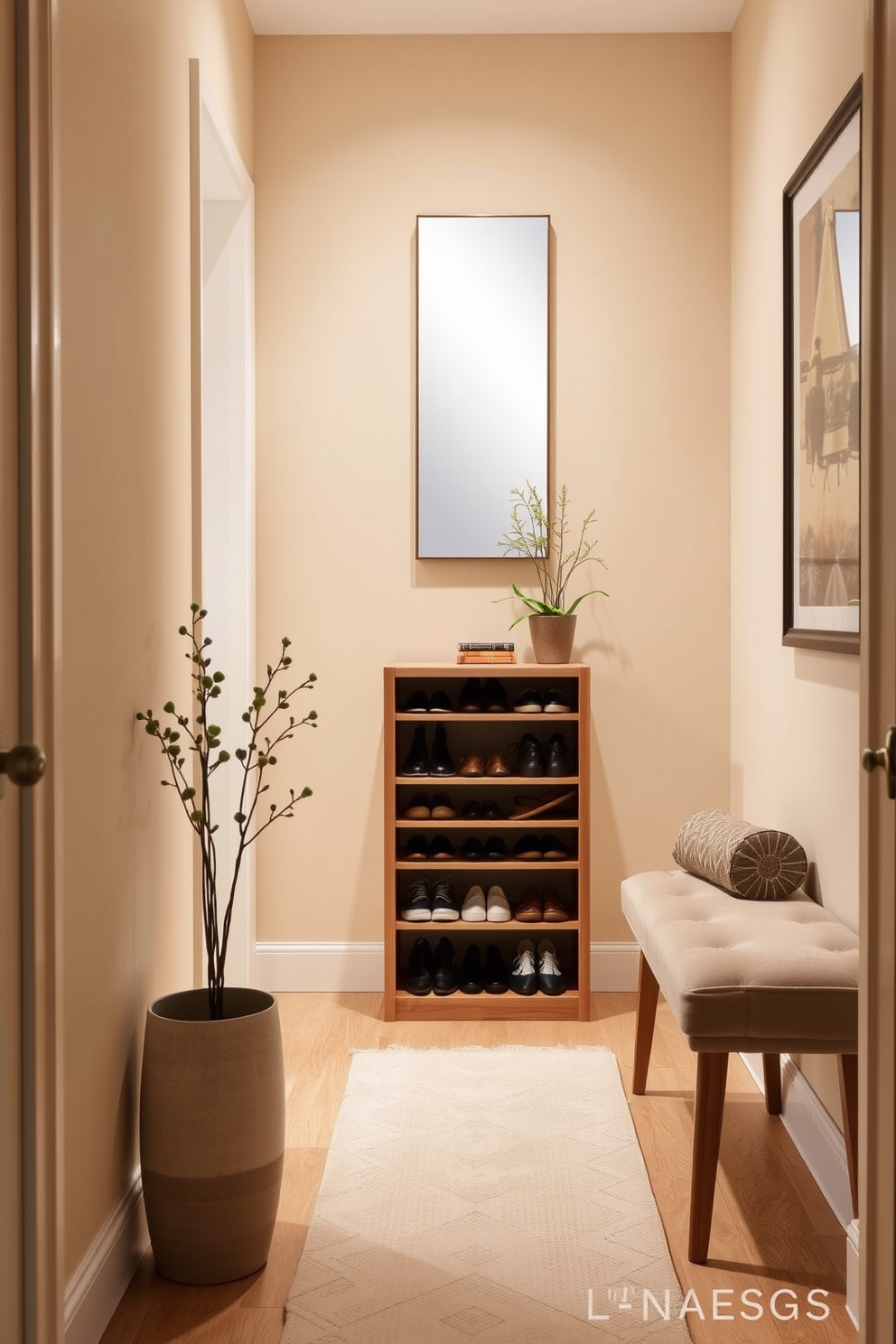 A narrow foyer featuring a sleek shoe rack made of natural wood, elegantly positioned against one wall. The walls are painted in a soft beige hue, creating a warm and inviting atmosphere, while a stylish mirror hangs above the shoe rack to enhance the sense of space. To the opposite side, a small bench with plush upholstery provides a comfortable spot to sit while putting on shoes. Decorative elements such as a potted plant and a framed artwork add personality and charm to the narrow entryway.