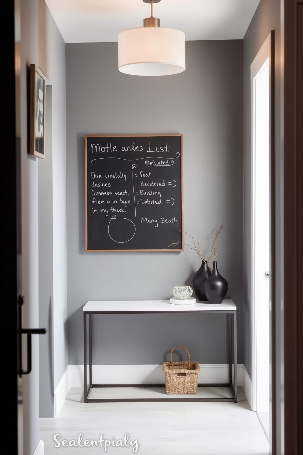 A narrow foyer with a sleek design featuring a chalkboard mounted on the wall for notes and lists. The space is illuminated by a modern pendant light and accented with a slim console table that holds decorative items.