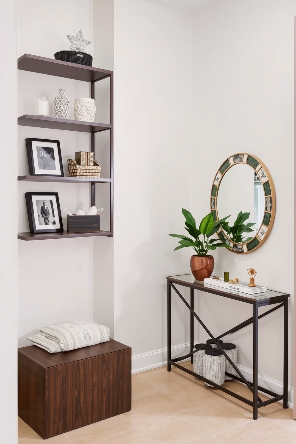 A narrow foyer features vertical shelving that elegantly displays a curated selection of decor items. The walls are painted in a soft neutral tone, while a stylish console table sits against one side, adorned with a small potted plant and a decorative mirror above it.