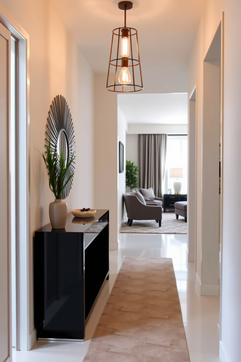 A narrow foyer features a sleek console table with a glossy finish positioned against the wall. Above the table, a modern pendant light casts a warm glow, enhancing the decor of a decorative mirror and a small potted plant. The walls are painted in a soft neutral tone, creating an inviting atmosphere. A stylish runner rug leads into the main living area, adding texture and warmth to the space.