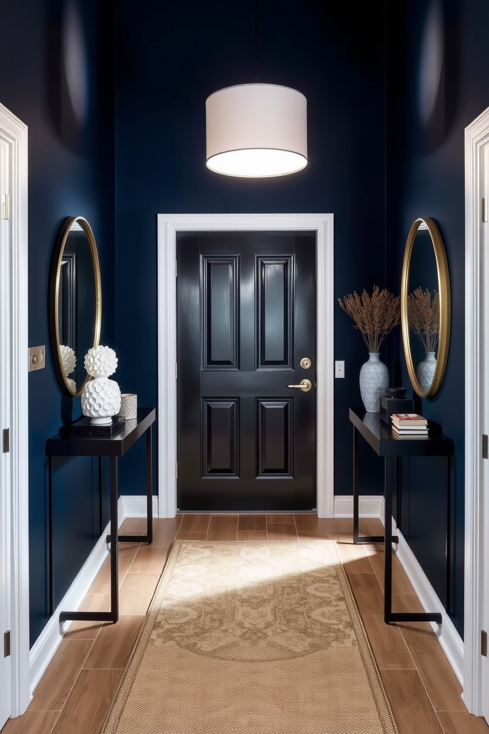 A narrow foyer featuring a bold accent wall painted in deep navy blue creates a striking first impression. Flanking the entrance, there are sleek console tables with elegant decor and a large round mirror that reflects light and enhances the space. The floor is adorned with a chic runner rug that adds warmth and texture to the narrow area. Soft lighting from a modern pendant fixture illuminates the foyer, highlighting the stylish elements and inviting guests into the home.