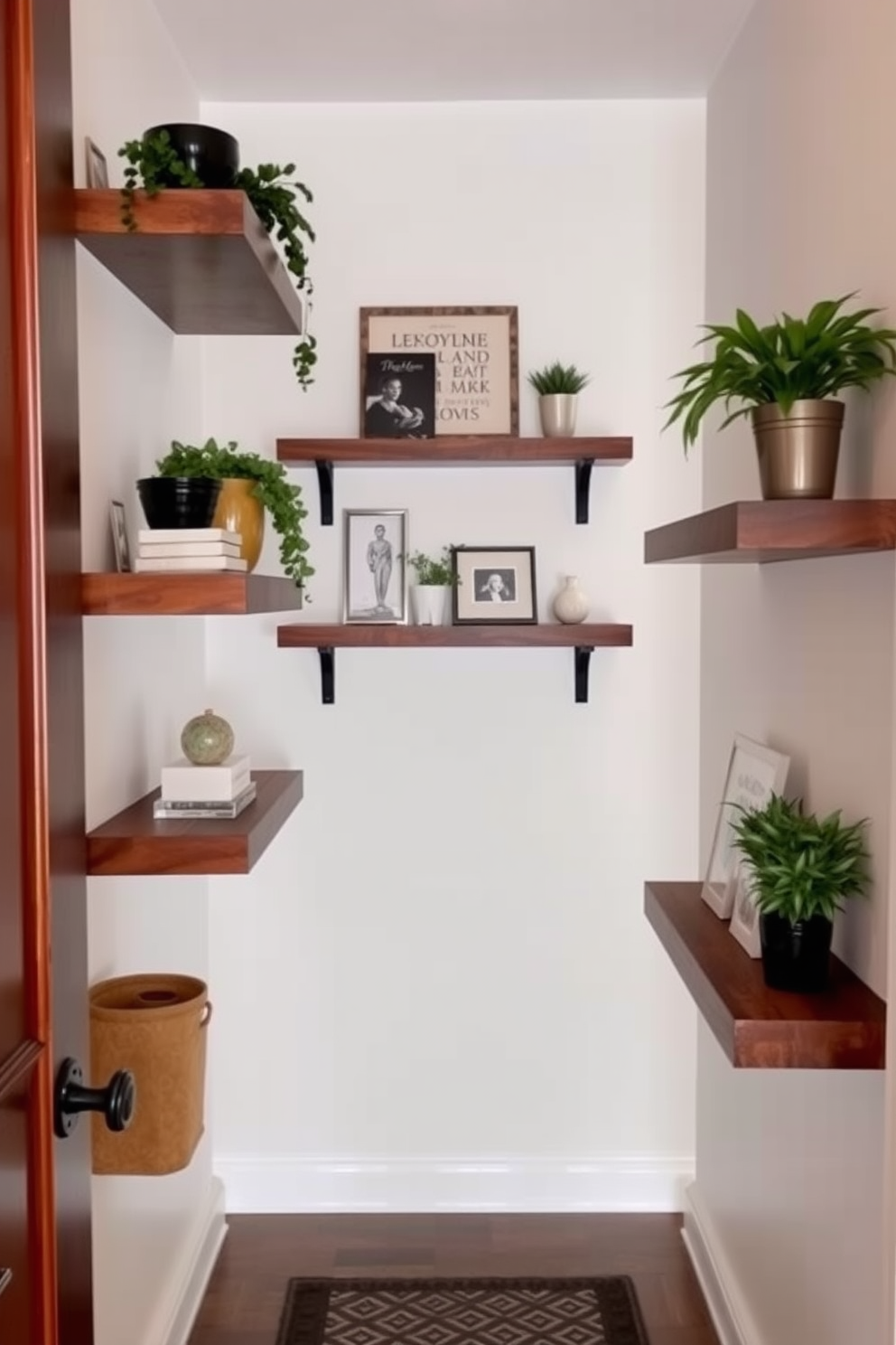 A narrow foyer featuring floating shelves on the walls for added storage and display. The shelves are adorned with decorative items and plants to create an inviting atmosphere.