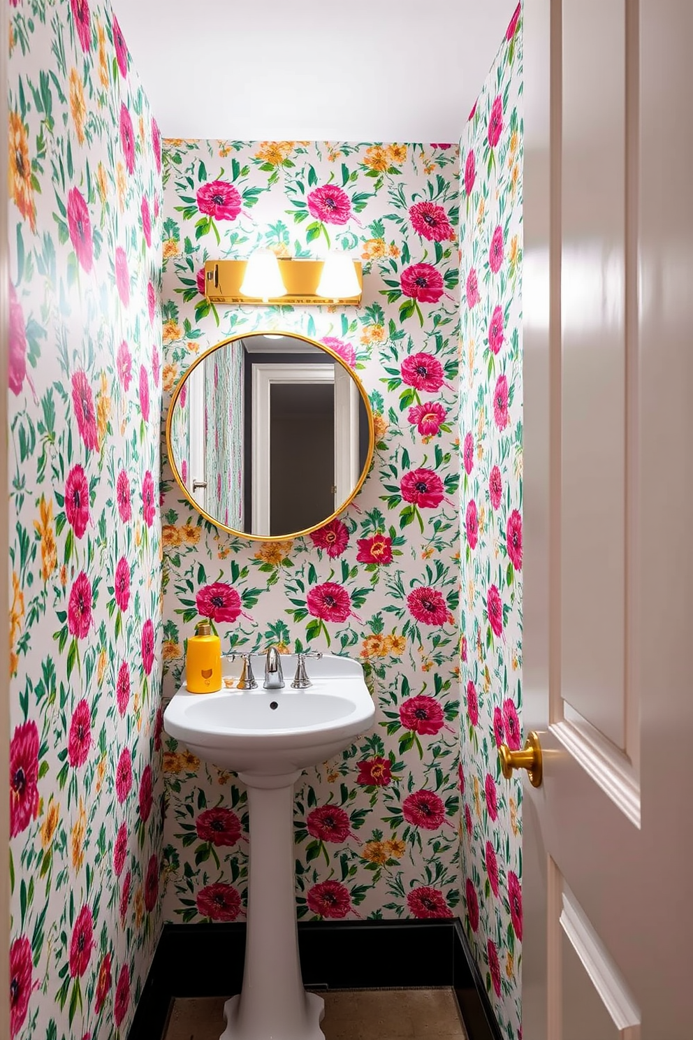 A narrow powder room features bright, patterned wallpaper that adds a lively touch to the space. The walls are adorned with colorful floral designs, creating an inviting atmosphere that contrasts with the sleek, modern fixtures. A compact vanity with a polished chrome faucet sits against one wall, complemented by a round mirror with a gold finish. Soft lighting fixtures above the mirror enhance the vibrant colors of the wallpaper, making the room feel both stylish and welcoming.