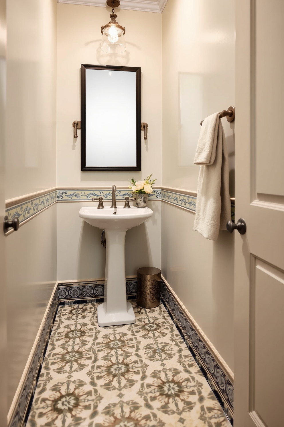 A narrow powder room features decorative tiles with intricate patterns that create a striking visual impact. The walls are painted in a soft pastel hue, enhancing the sense of space while complementing the vibrant floor design. A sleek pedestal sink is positioned against one wall, paired with a stylish wall-mounted mirror that reflects light throughout the room. Decorative accents such as a small potted plant and elegant hand towels add a touch of sophistication to the compact area.