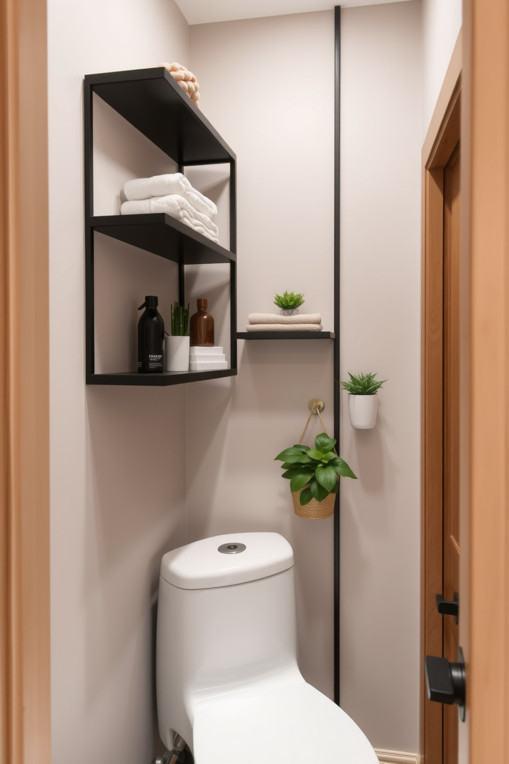 A narrow powder room features sleek wall-mounted shelves that provide stylish storage solutions. The shelves are adorned with decorative items and small plants, creating a chic and functional space.