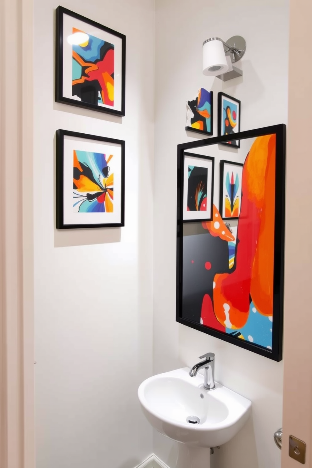 Artistic prints adorn the walls of a narrow powder room, showcasing a vibrant collection of abstract art that adds personality and flair. The prints are framed in sleek black frames, creating a striking contrast against the soft white walls. The powder room features a compact pedestal sink with a polished chrome faucet, providing a clean and modern aesthetic. A stylish wall-mounted mirror reflects the artistic prints, enhancing the sense of space and light in the room.