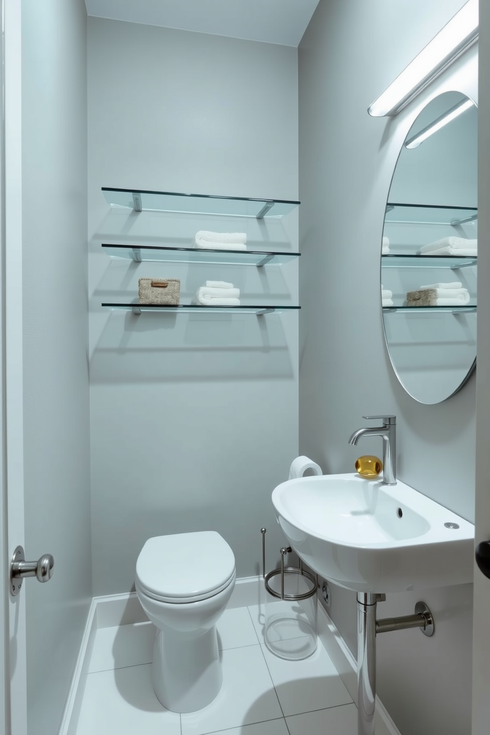 A narrow powder room featuring sleek glass shelves that provide a modern touch. The walls are painted in a soft gray, and the floor is adorned with elegant white tiles, creating a spacious feel.