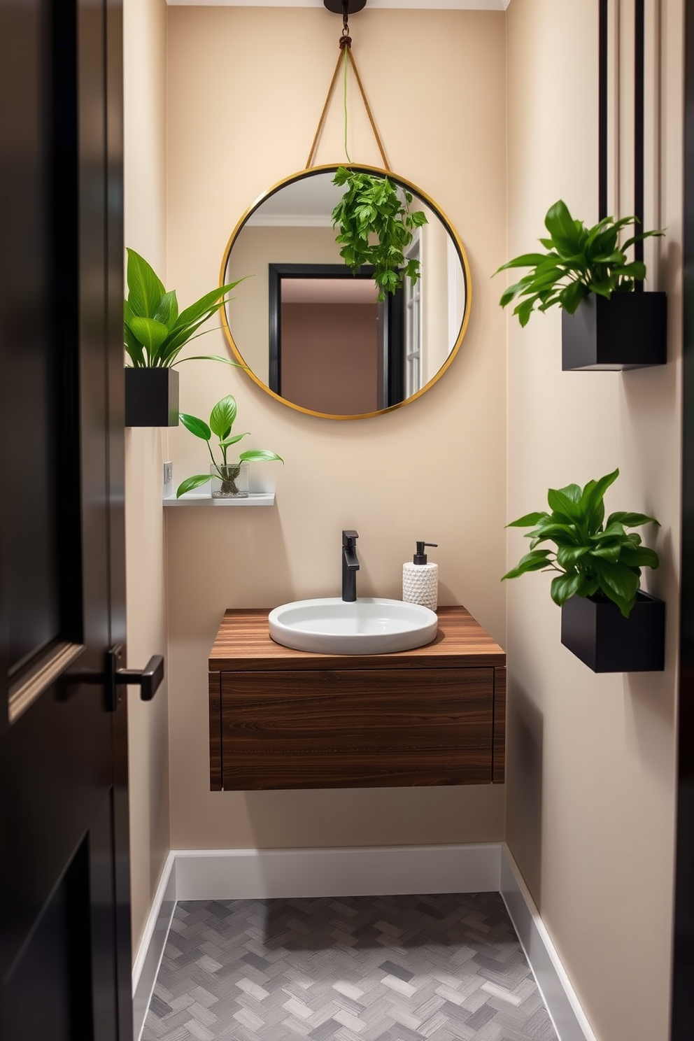 A narrow powder room with a sleek design showcasing a floating vanity made of dark wood. Above the vanity, a round mirror is framed in brushed brass, creating a striking focal point. Lush green plants are placed on the windowsill and in wall-mounted planters, adding a touch of natural beauty. The walls are painted in a soft beige, while the floor features elegant herringbone-patterned tiles in a light gray.