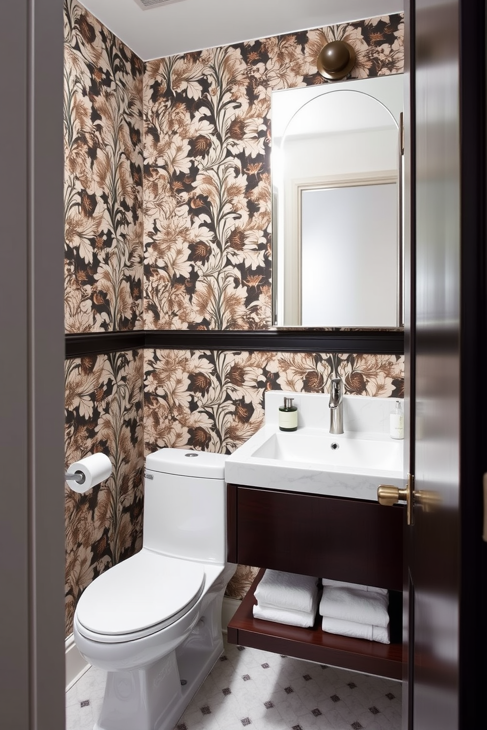 Create a focal point with wallpaper in a narrow powder room. The wallpaper features a bold floral pattern that draws the eye and adds a touch of elegance to the space. Incorporate a sleek, modern sink with a brushed nickel faucet. Use a floating vanity in a dark wood finish to enhance the feeling of openness while providing essential storage.