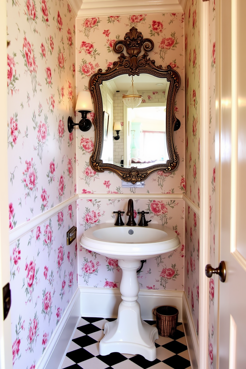 A narrow powder room features vintage accents that create a charming vibe. The walls are adorned with floral wallpaper in soft pastel colors, and an antique pedestal sink adds character to the space. A vintage mirror with an ornate frame hangs above the sink, reflecting the warm glow of a decorative wall sconce. The floor is covered in classic black and white checkered tiles, enhancing the room's timeless appeal.