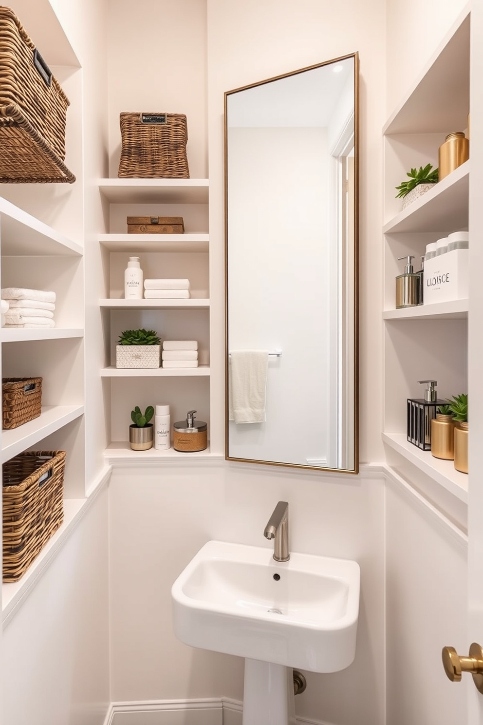 Open shelving lines the walls of a narrow powder room, providing easy access to essential items. The shelves are styled with decorative baskets, plants, and elegant toiletries, creating a functional yet visually appealing space. The walls are painted in a soft pastel hue to enhance the room's brightness. A sleek, modern sink with a minimalist faucet is positioned below a large mirror, reflecting the inviting atmosphere.