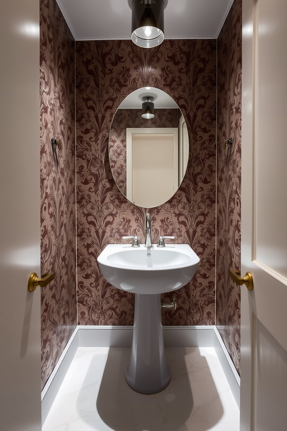 A narrow powder room features unique faucets that serve as statement pieces, enhancing the overall design aesthetic. The walls are adorned with elegant wallpaper, and the flooring is a sleek, polished tile that reflects light beautifully. The vanity is compact yet stylish, showcasing a deep sink paired with an eye-catching faucet that draws attention. Soft ambient lighting highlights the unique features, creating a warm and inviting atmosphere.