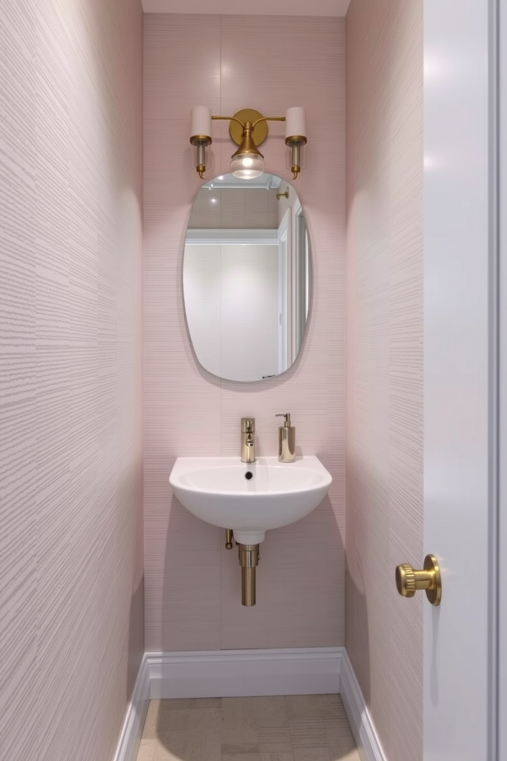 Textured wallpaper in soft pastel hues creates an inviting atmosphere, enhancing the narrow powder room's charm. A sleek, wall-mounted sink complements the design, while elegant lighting fixtures add a touch of sophistication.