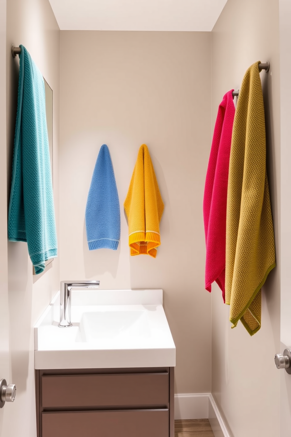 A narrow powder room featuring vibrant colorful towels that add a pop of color to the space. The walls are painted in a soft neutral tone, complemented by a sleek vanity with a modern sink and ample storage.