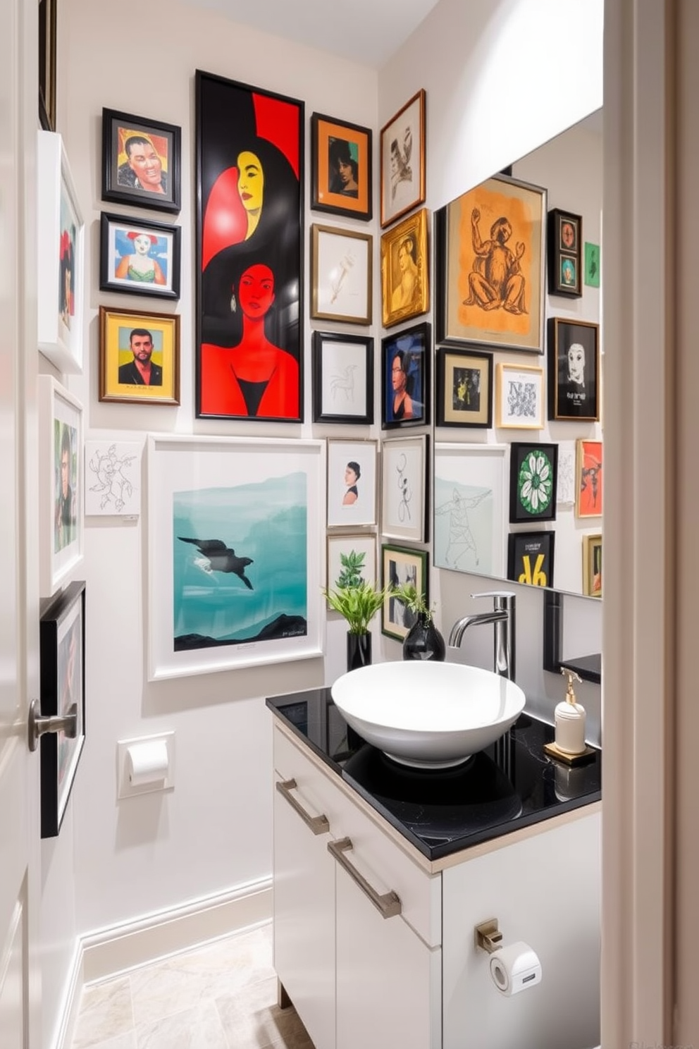 A narrow powder room features a striking art display that showcases creativity. The walls are adorned with an eclectic mix of framed artwork, ranging from bold abstract pieces to delicate line drawings. The vanity is sleek and modern, with a polished black countertop and a stylish vessel sink. A large mirror above the sink reflects the vibrant colors of the art, enhancing the room's artistic atmosphere.