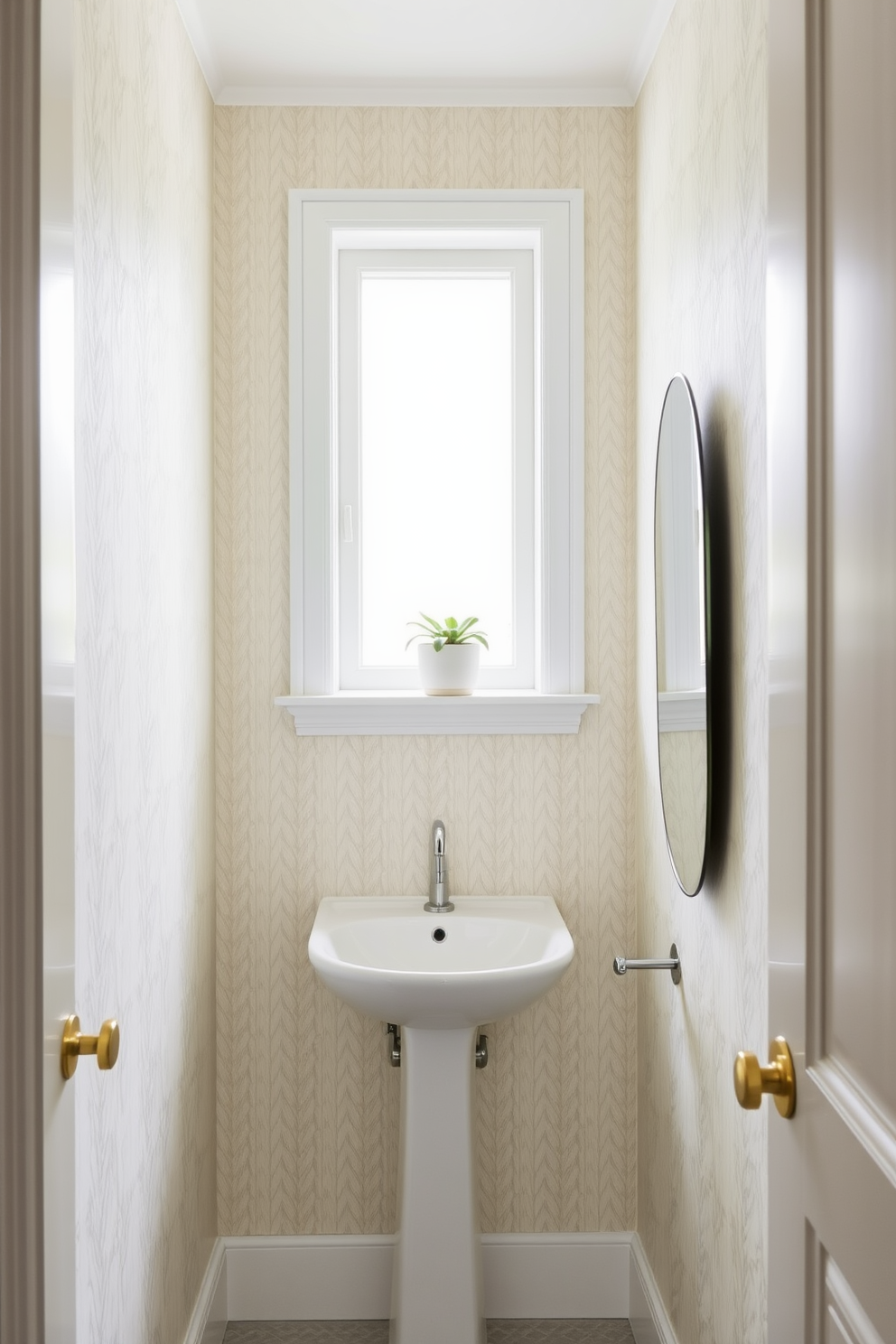 A narrow powder room featuring a small window that allows natural light to flow in. The walls are adorned with soft pastel wallpaper, and a sleek pedestal sink is positioned against one side. On the opposite wall, a minimalist mirror reflects the light, enhancing the sense of space. A small potted plant sits on a floating shelf above the sink, adding a touch of greenery to the design.