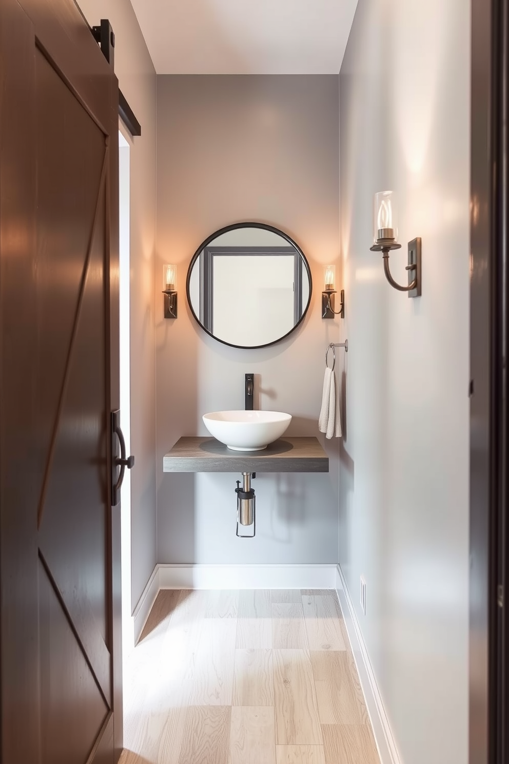 A narrow powder room features a sleek sliding barn door that adds a touch of rustic charm. The walls are adorned with soft gray paint, complemented by a stylish floating vanity with a vessel sink. Above the vanity, a round mirror with a black frame creates an elegant focal point. The floor is finished with light wood planks, and decorative wall sconces provide warm ambient lighting.