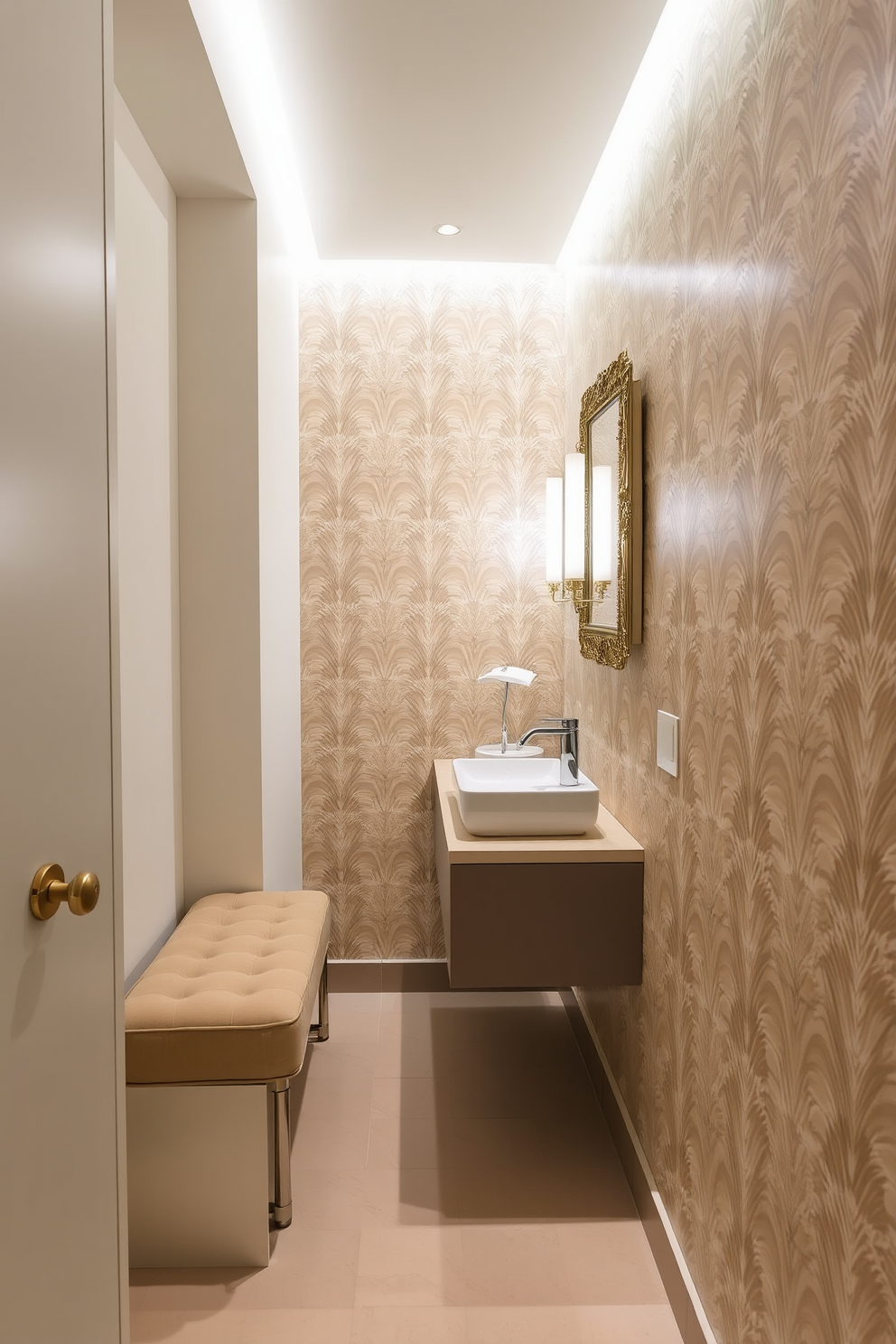 A narrow powder room features a sleek, elongated design with soft lighting that creates an inviting atmosphere. A small, upholstered bench is placed against one wall, providing comfort and a stylish touch. The walls are adorned with elegant wallpaper that adds texture and depth to the space. A floating vanity with a chic sink and modern fixtures complements the overall aesthetic, while a decorative mirror enhances the sense of openness.