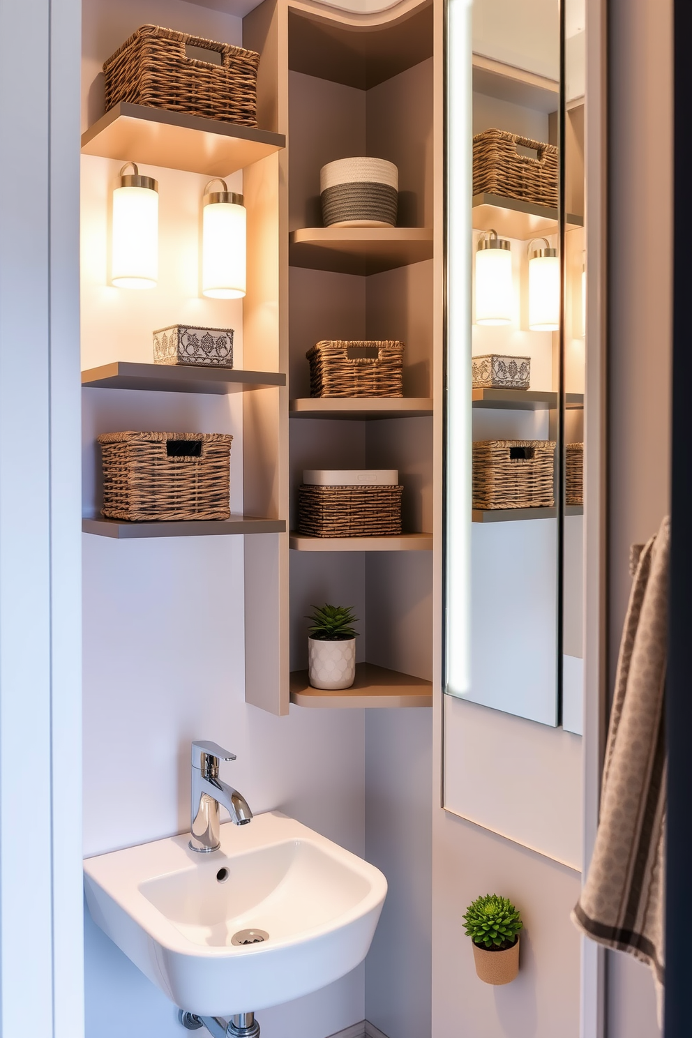 Vertical storage solutions for small items in a narrow powder room. The walls are adorned with sleek shelves that maximize vertical space, featuring decorative baskets and stylish containers for organization. A compact sink with a wall-mounted faucet is positioned against one wall, complemented by a tall mirror that creates an illusion of depth. Soft lighting fixtures are strategically placed to enhance the ambiance, while a small potted plant adds a touch of greenery.